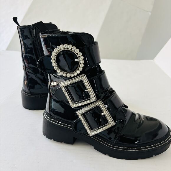 River Island Shoes - River Island Combat Boots Womens Size 7 Black Biker Crystal Buckle Straps Grunge